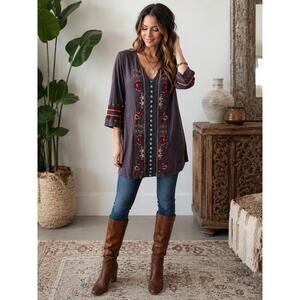Johnny Was JWLA Embroidered Tunic Top Boho Floral Cotton Gray Purple Small